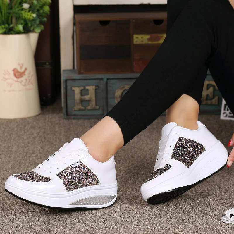 Brand New Womens Platform Toning Wedge Shoes Sequins Shake Shoes Fashion Girl Sport Shoes Fitness Shoes Woman Slimming Sneakers