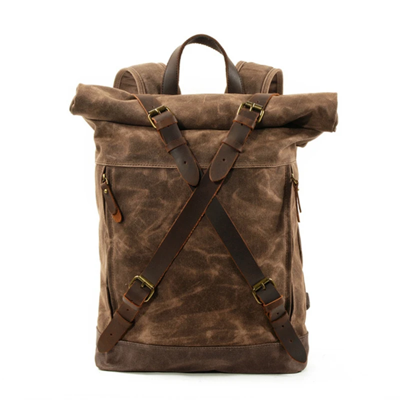

Vintage Canvas Leather Backpacks for Men Waterproof Rucksacks Large Waxed Mountaineering Travel Pack