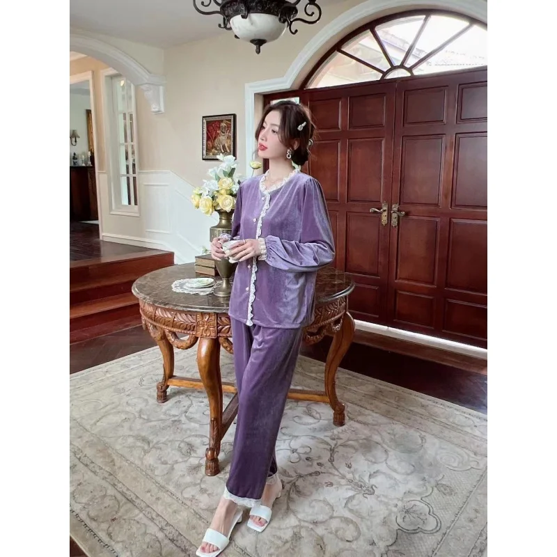 2023 Autumn New Pleuche Long Sleeve Trousers Home Wear Lace Fairy Style Solid Color Pajamas for Women.