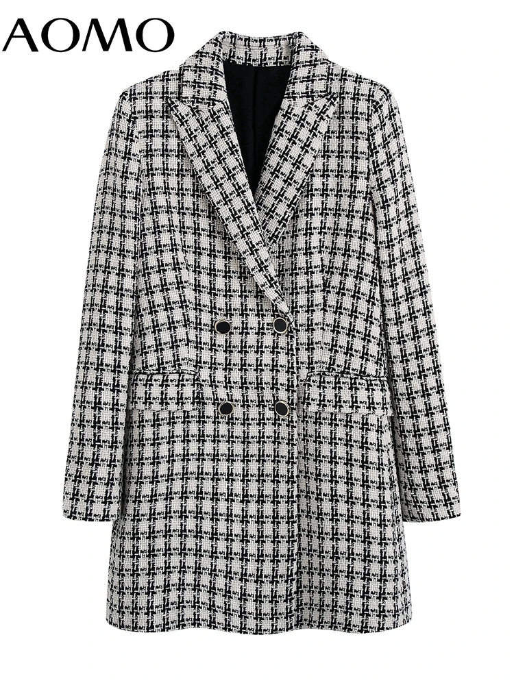 

AOMO Women Fashion Tweed Double Breasted Long Blazer Coat Vintage Long Sleeve Flap Pockets Female Outerwear BE159A