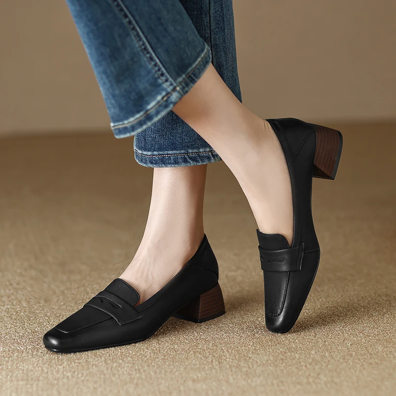 2023 Spring/Autumn Women Loafers Square Toe Chunky Heel Women Shoes NEW Genuine Leather Shoes Women Casual Retro Pumps for Women