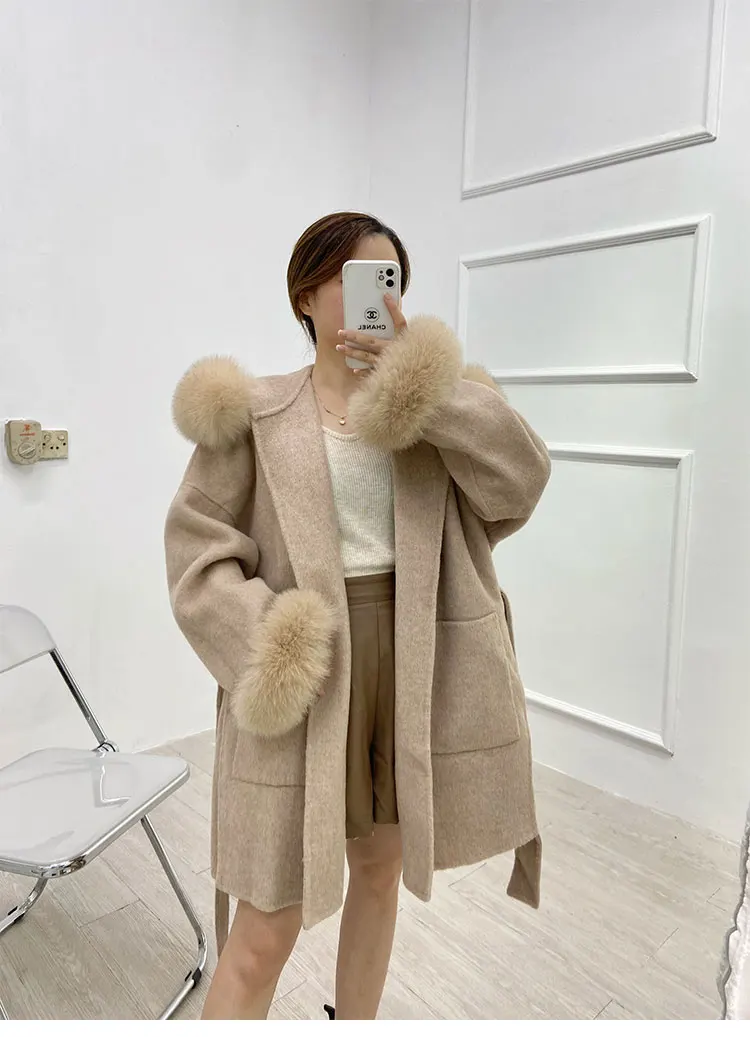 FURYOUME Winter Cashmere Coat Women Real Fur Coat Mid-length Wool Jacket Camel Black Outerwear Fox Fur Collar and Cuffs Belt