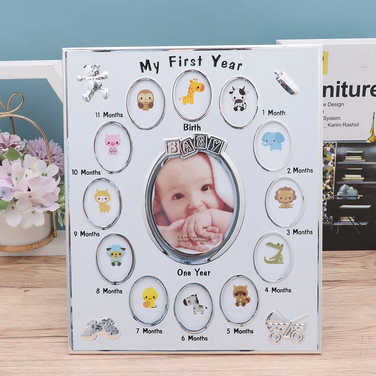 1Pc Baby 12 Months Photo Frame My First Year Baby Picture Frame Growth Record Photo Frame Infant Birthday Display Rack (White)