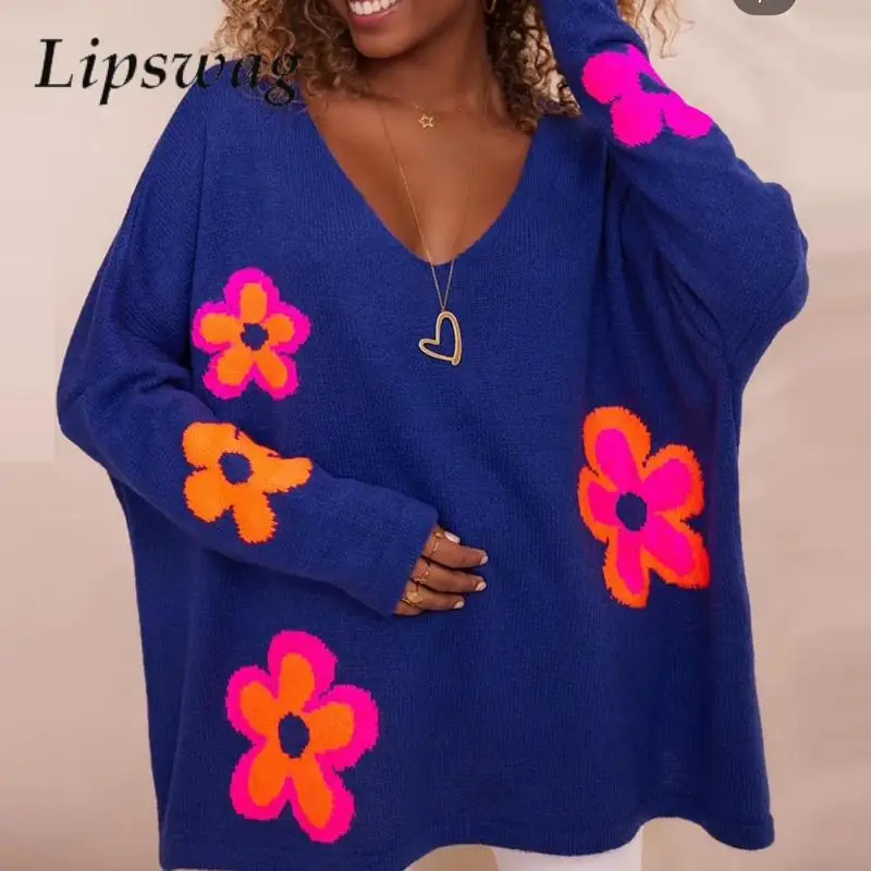 

Three Color Flower Jacquard knitted Sweater 2023 Women Autumn Winter Loose Casual Jumper Female Long Sleeve V Neck Tops Pullover