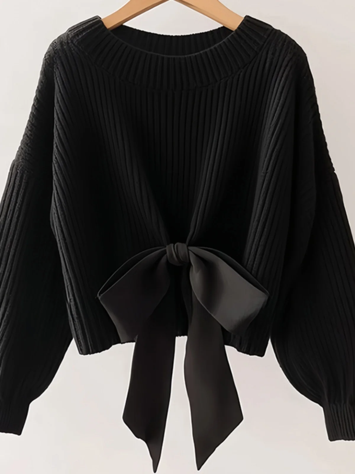 Свободный мягкий клейкий вязаный свитер с черным бантом для женщин новинка 2024