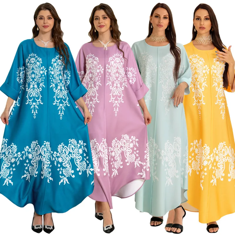 

Women's Evening Dress Elegant 3/4 Sleeve Pearls Party Dress Floral Print Muslim Jilbab Abaya Moroccan Caftan Dubai Arabic Gown