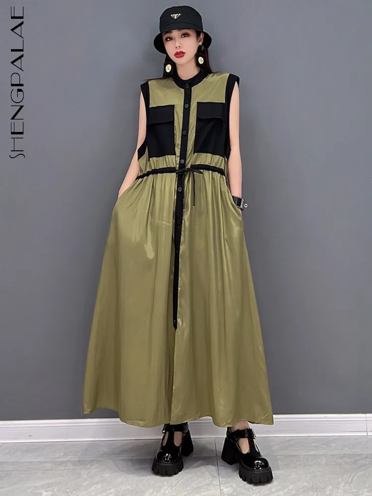 

SHENGPALAE Fashoin Casual Dress Sleeveless Loose Waist Women's Green Robe Personalized Patchwork Trendy 2023 Summer New 5R2405