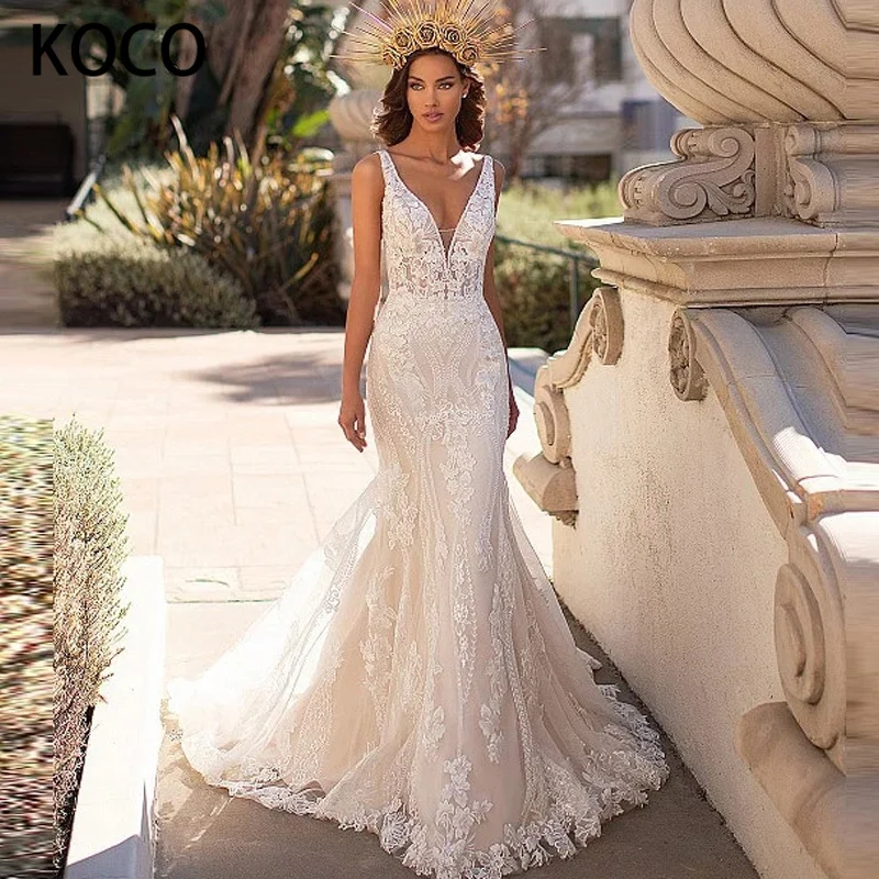 

MACDUGAL Wedding Dress 2022 Gorgeous V-Neck Lace Applique Beach Mermaid Gown Sexy Sweep Train Vestido De Novia Custom Made