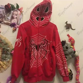 Retro fashion gothic spider print oversized hoodie women's Y2K street casual all-match k popular clothing sweater clothes unisex 5