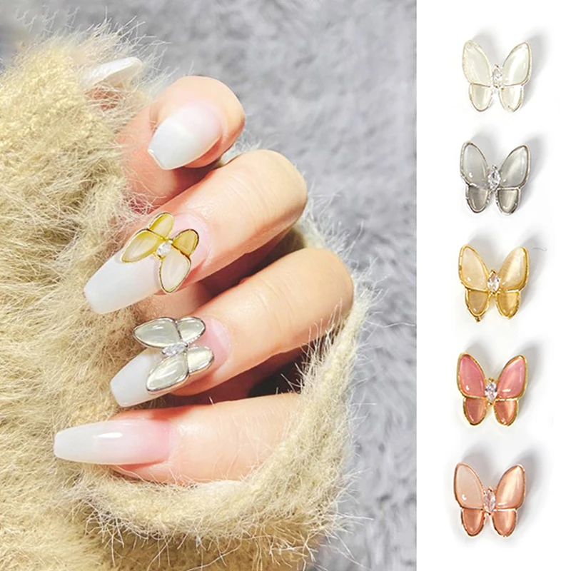 

10 _ металлические украшения для ногтей в виде бабочки, розовое золото, серебро, 3D, кошачий глаз, каменные бабочки, DIY украшения для ногтей, акс...