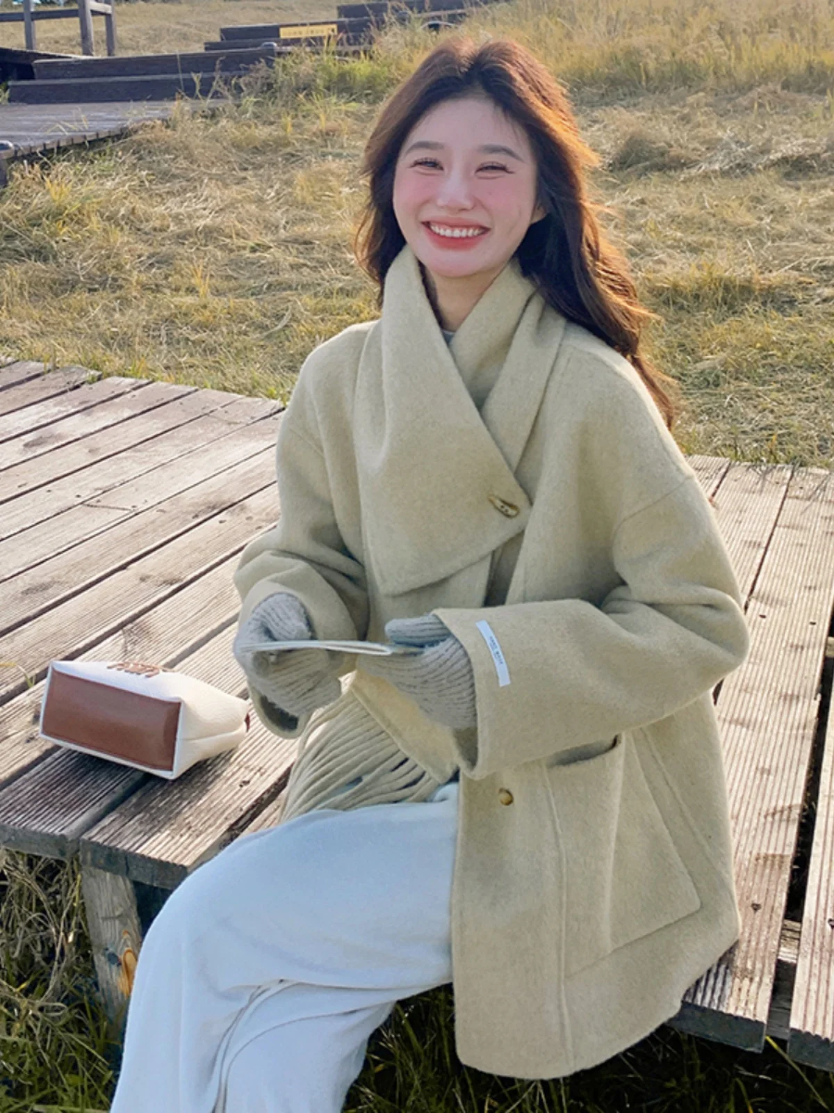 Молочно-желтый шарф с воротником двустороннее шерстяное пальто из ангоры