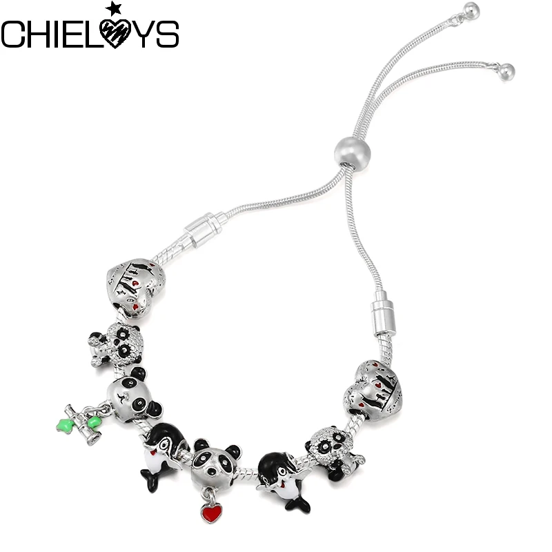 

High Quality Black Cute Panda Beads Chain Bracelet With Bamboo Pendant DIY Adjustable Charm Bracelets For Women Jewelry Gift