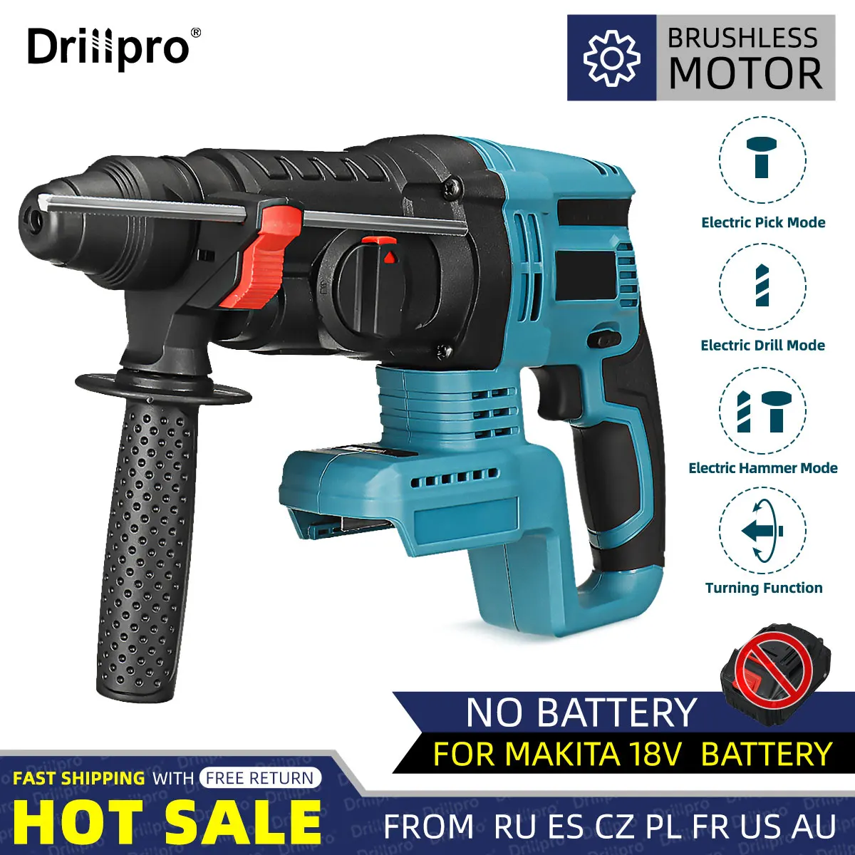 Drillpro 26mm Brushless Electric Rotary Hammer Drill 4 Function Rechargeable Hammer Impact Drill for Makita 18V Battery