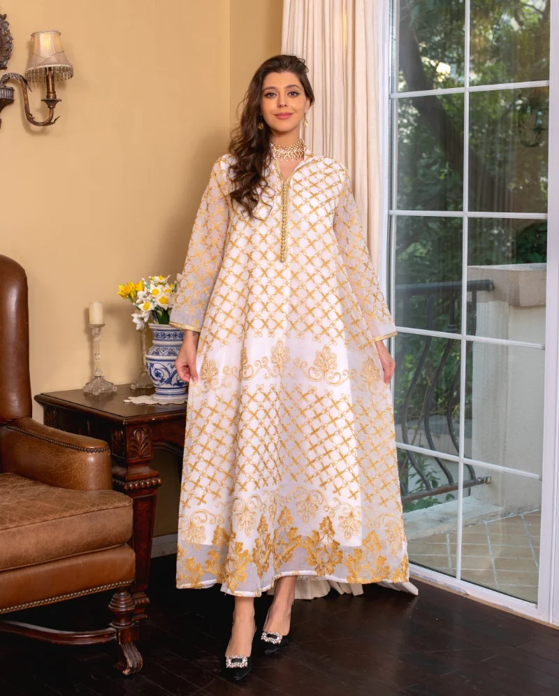 2023 Spring Summer Muslim Fashion Women Long Sleeve V-neck Polyester Embroidery Long Abaya Muslim Dress  Abayas for Women