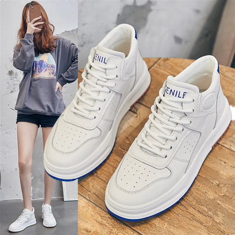

Leather Small White Shoes Women's High Top Couple Men's Sneakers Letter Embroidered Casual Low