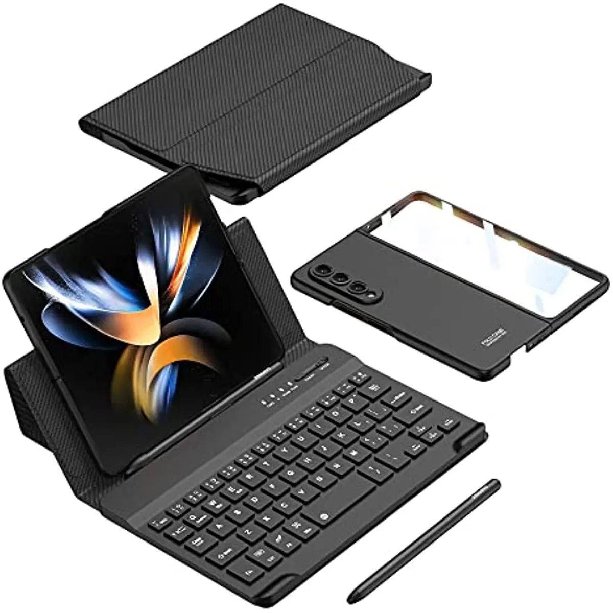 For Galaxy Z Fold4 Leather Case Detachable Built-in S Pen Slot & Screen Protector Collapsible Kickstand Mute Bluetooth Keyboard