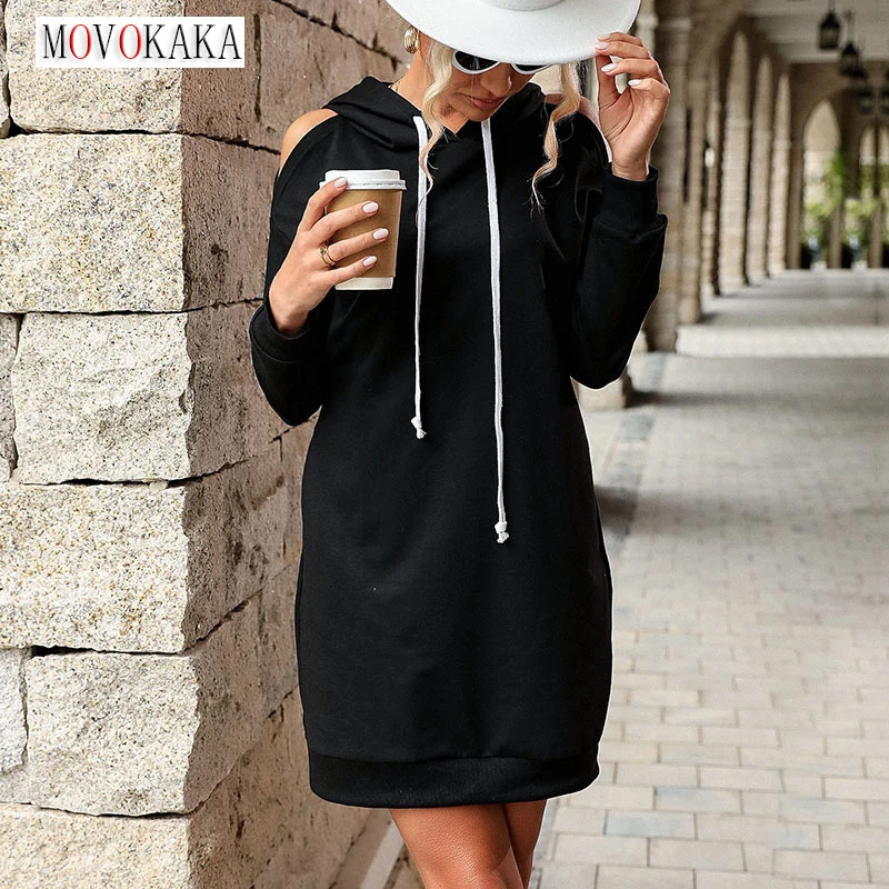 

MOVOKAKA Fashion Autumn Winter Women Hollow Hooded Mini Dress Black Casual Long Sleeve Pocket Loose Vestidos Off Shoulder Dress