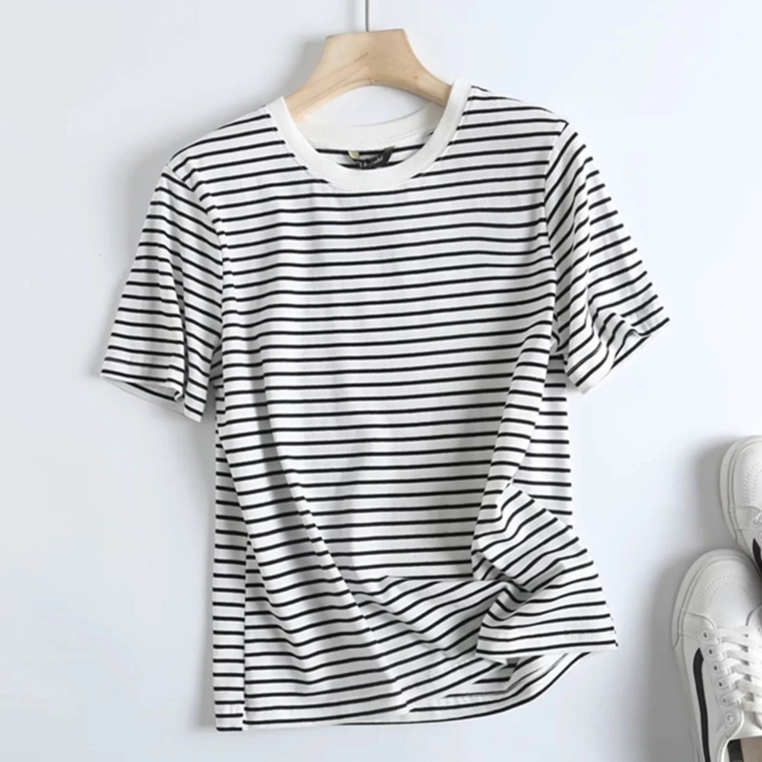 

Dave&Di Casual Summer T Shirt 2022 England Style Fashion Simple Striped Round Collar Cotton Tshirts Women Tops