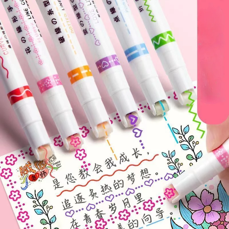3/6Pcs/set Kawaii Flowers Line Shaped Highlighter Pens Roller Tip Curve Liner Marker for Writing Journaling Drawing Stationery