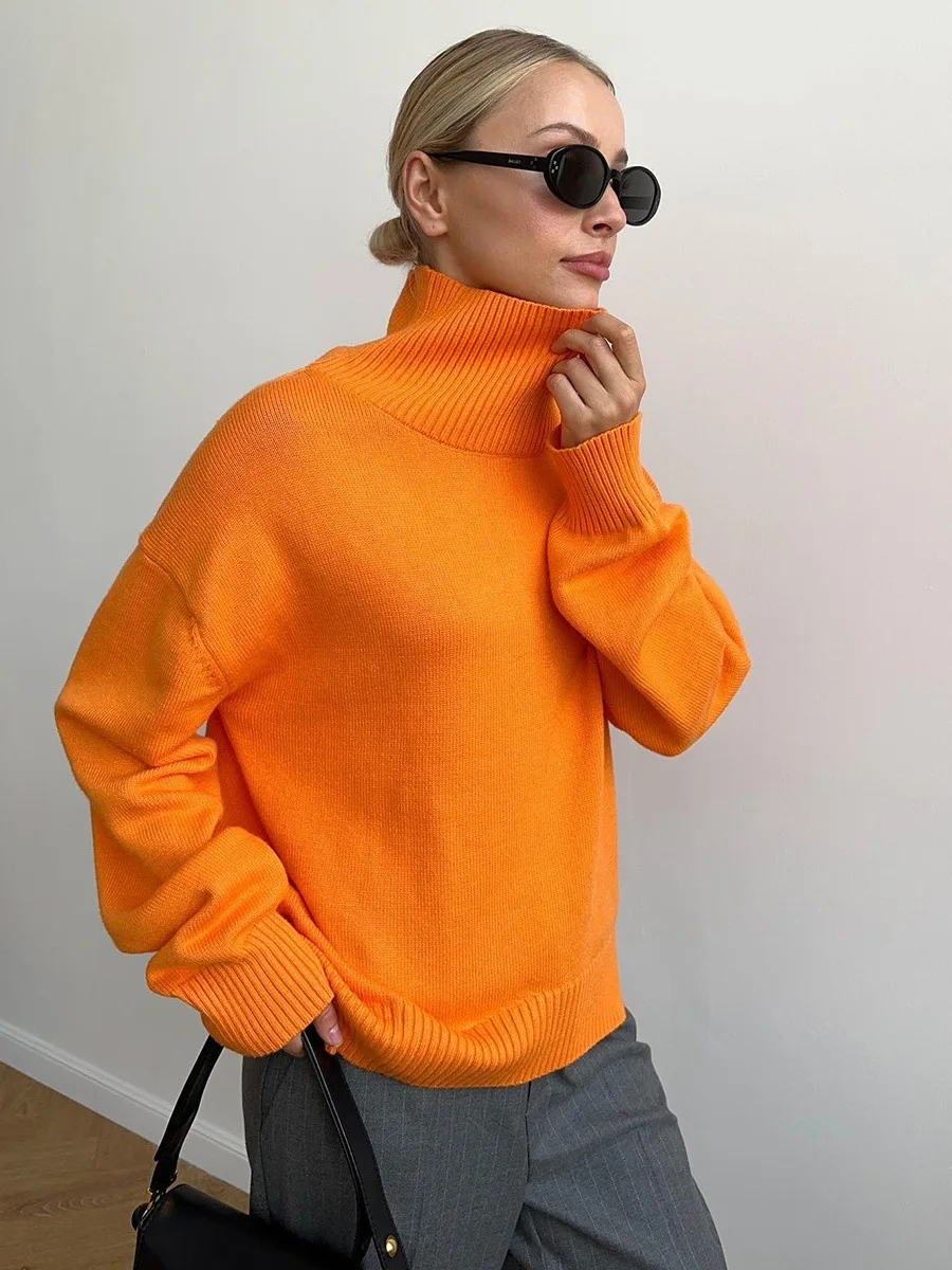 Женский свитер с высоким воротником большого размера зимний винтажный вязаный