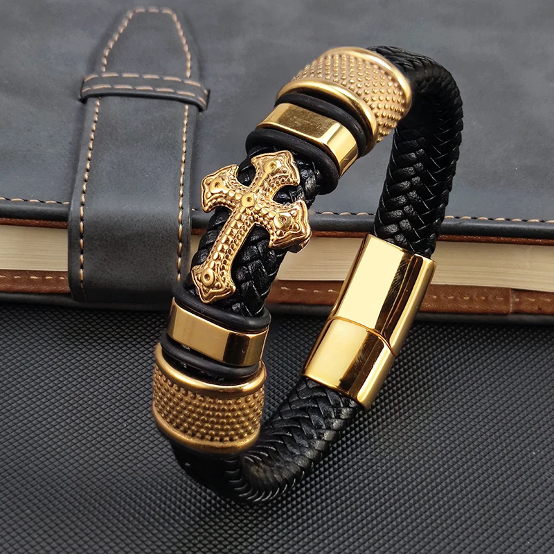 MingAo 2023 Fashion Vacuum Plating Gold Single Layer Cross Leather Bracelet  Charm Bracelet Men's Hand Jewelry for Women