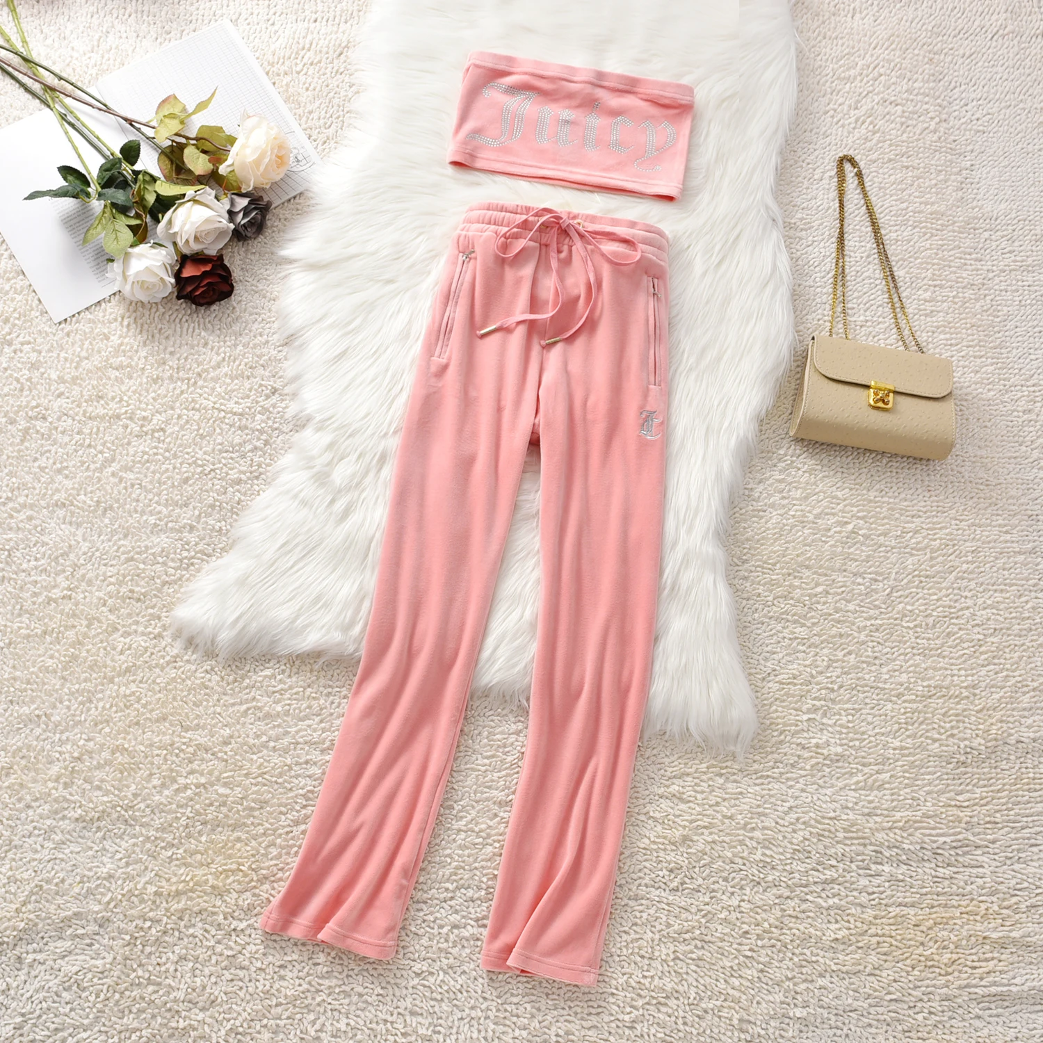 Juicy Coutoure Summer Chest Wrap Suit Sexy Bra Trousers 2 Pieces Solid Color Letters Juicy Rhinestone Velvet Home Sports 2Pc
