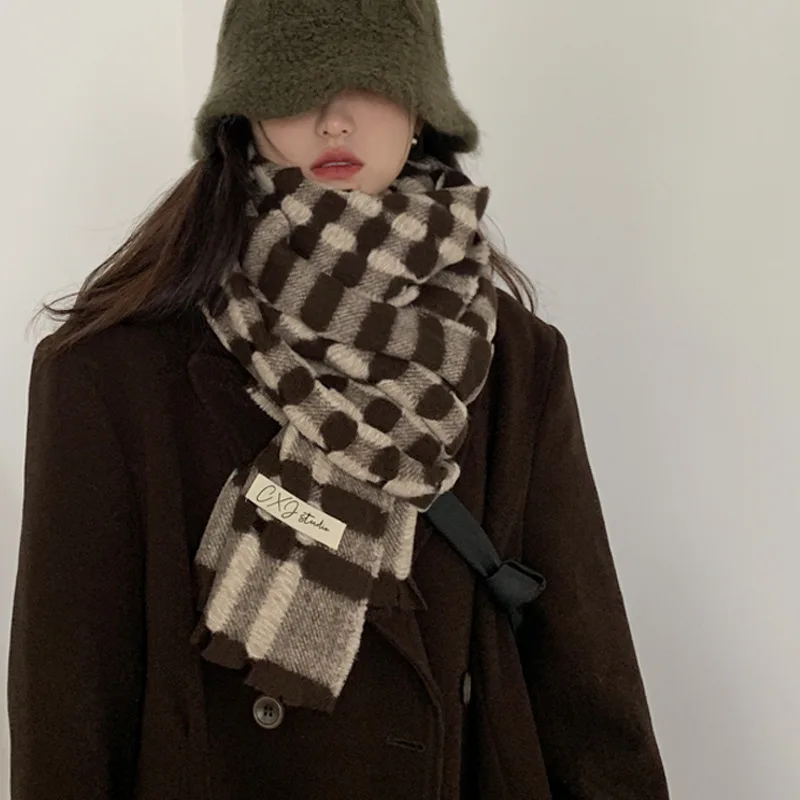 

Женский утолщенный шарф в клетку, зимний Универсальный шарф двойного назначения в Корейском стиле, 2022