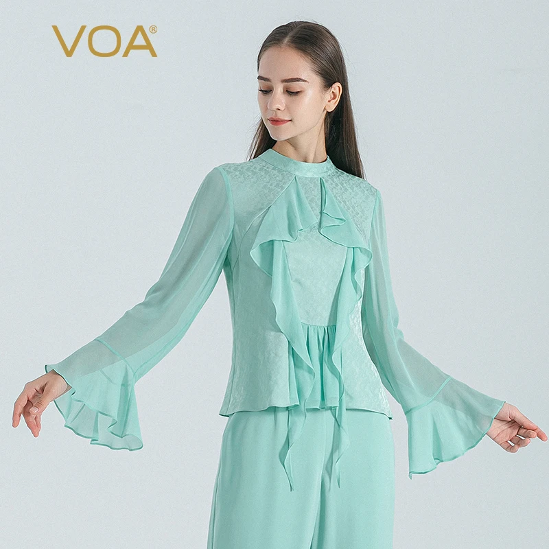 

VOA Teal Green 22 Momme Jacquard Silk Stand Collar with Georgette Silk Women Clothing Flare Long Sleeve Silk T-shirt BE1272
