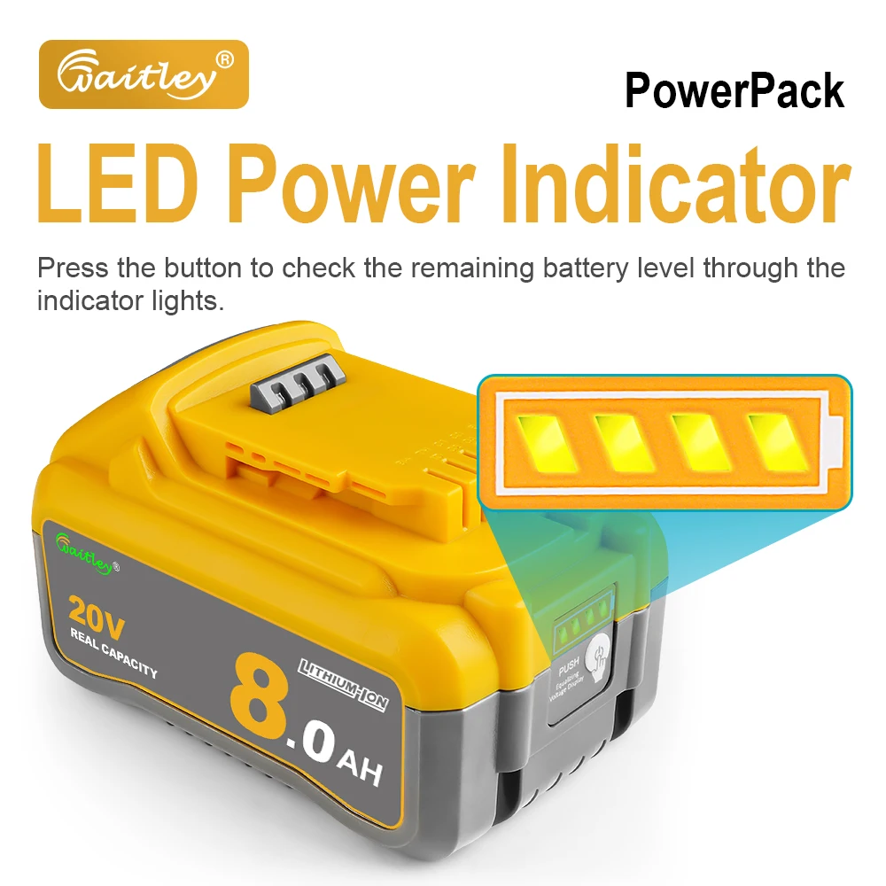 Аккумулятор Li-ion Waitley 8Ач 18В 20В для электроинструментов Dewalt с элементами SunPower INR21700, замена DCB200 DCB184, аксессуары для инструментов (art.: 3920dc5dcdfa7) - 3920dc5dcdfa7