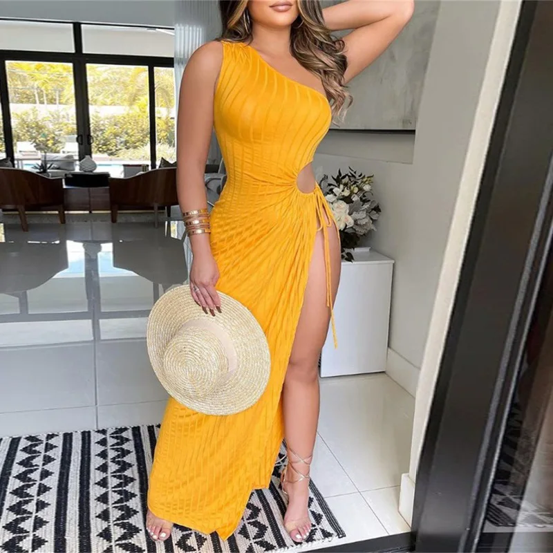 

2022 Summer Women's Dress Fashion Solid Color Sexy Oblique Shoulder High Waist Pullover Polyester Ladies Long Dress SJ424
