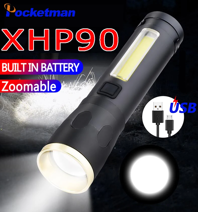 Светодиодный Cob перезаряжаемый фонарик XHP90 мощный фонарь с 4 режимами освещения