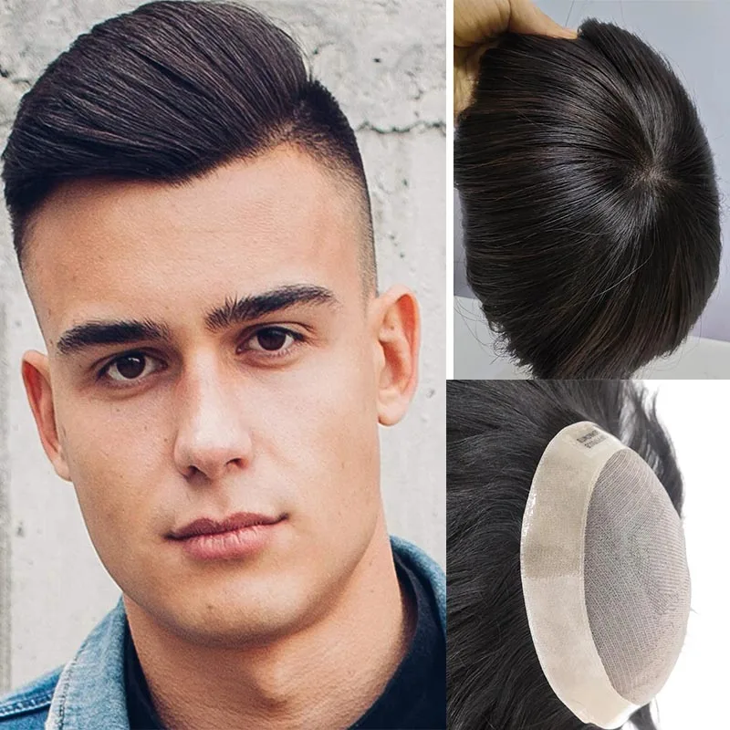 Natural Cutestyle Hair Piece Men Mono+PU Base Toupee for Men Men's Hair Pieces Replacement System 1B Color Human Hair Mens Wig