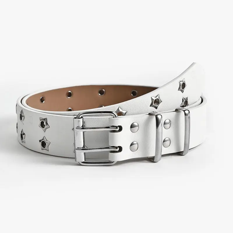

Punk Women Belt High Quality Fashion Belts Casual Luxury Designer Jeans Pin Buckle Double Row Belt with Star Eyelet Strap PK021