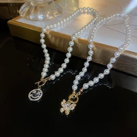 luxury pearl rhinestone necklace smiley butterfly pendant jewelry women party custom fashion gifts friends choker accessories