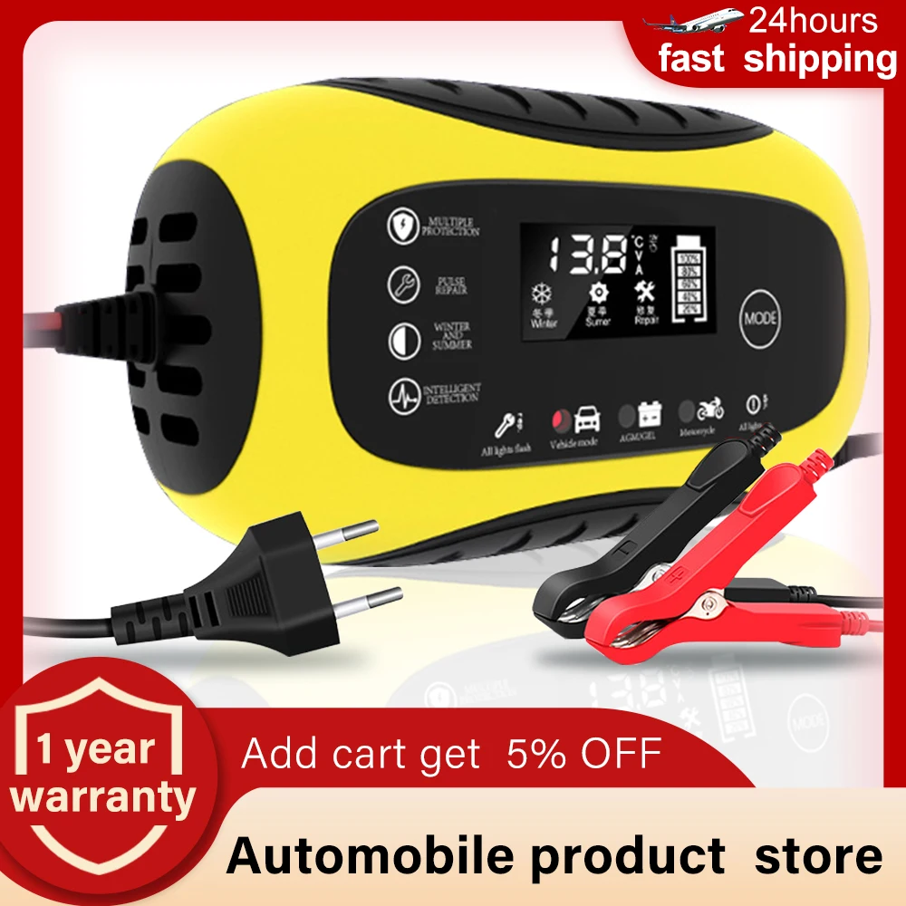 

8A 12V Full Automatic Car Battery Charger 2-100Ah Intelligent Fast Charging LCD Display For Charging Truck Motorcycle AGM GEL