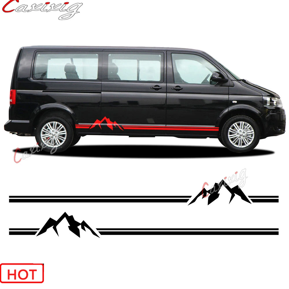 

2 PCS For VOLKSWAGEN VW TRANSPORTER T4 T5 T6 Car Styling Stickers Camper Van Mountain Stripe Graphics Door Side Skirts Decals