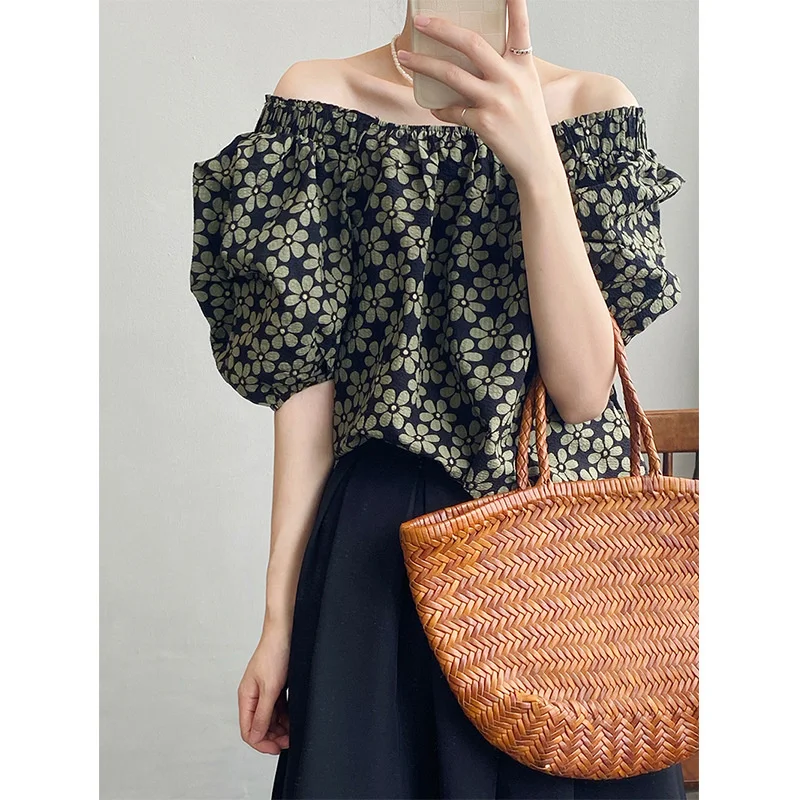 

Slash Neck Floral Shirt 2022 Summer New Puff Sleeve Women Blouse Pullovers