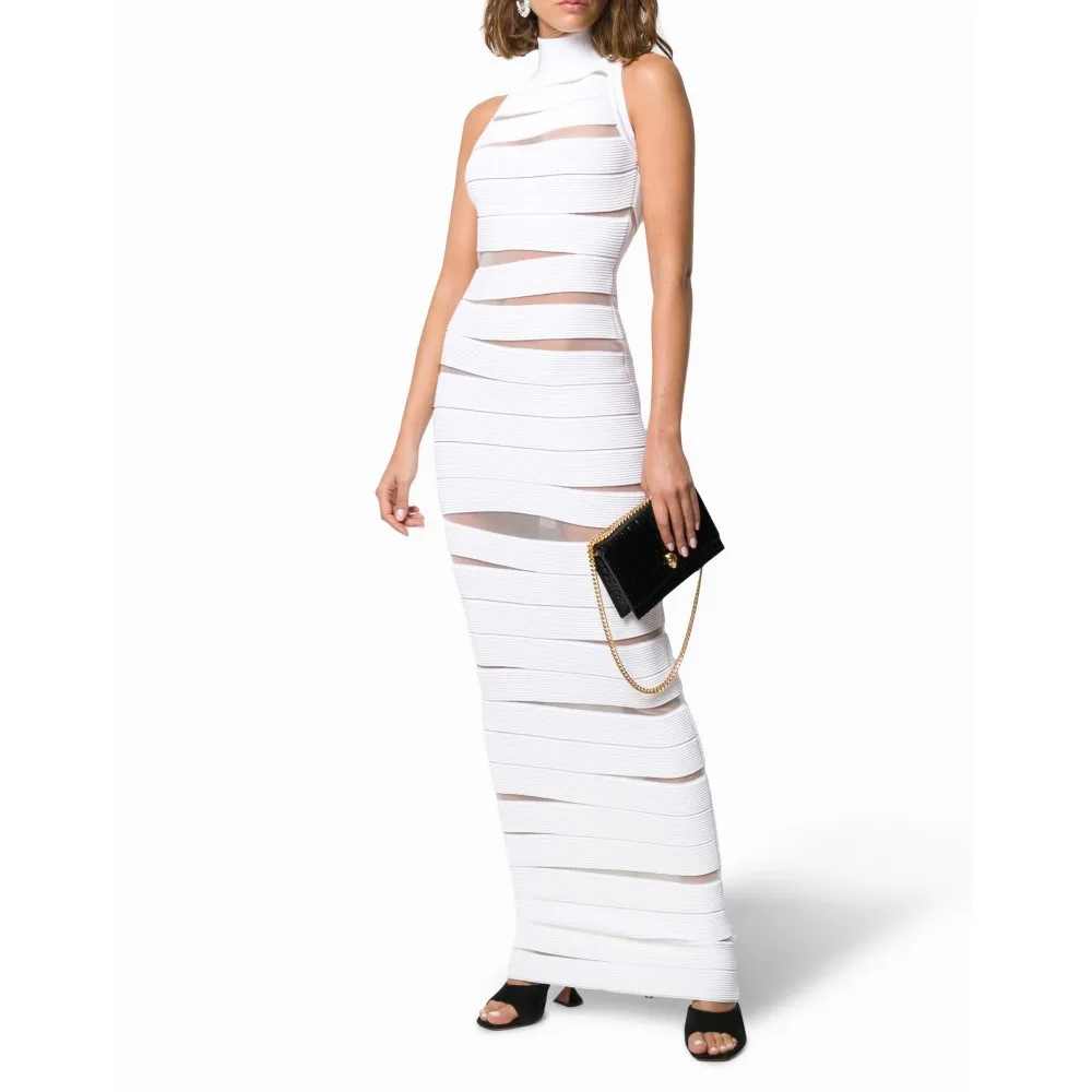 White Women's Sexy Strapless Casual Skinny Long Bandage Dress 2023 Elegant Rayon Stitching Mesh Celebrity Party Dress