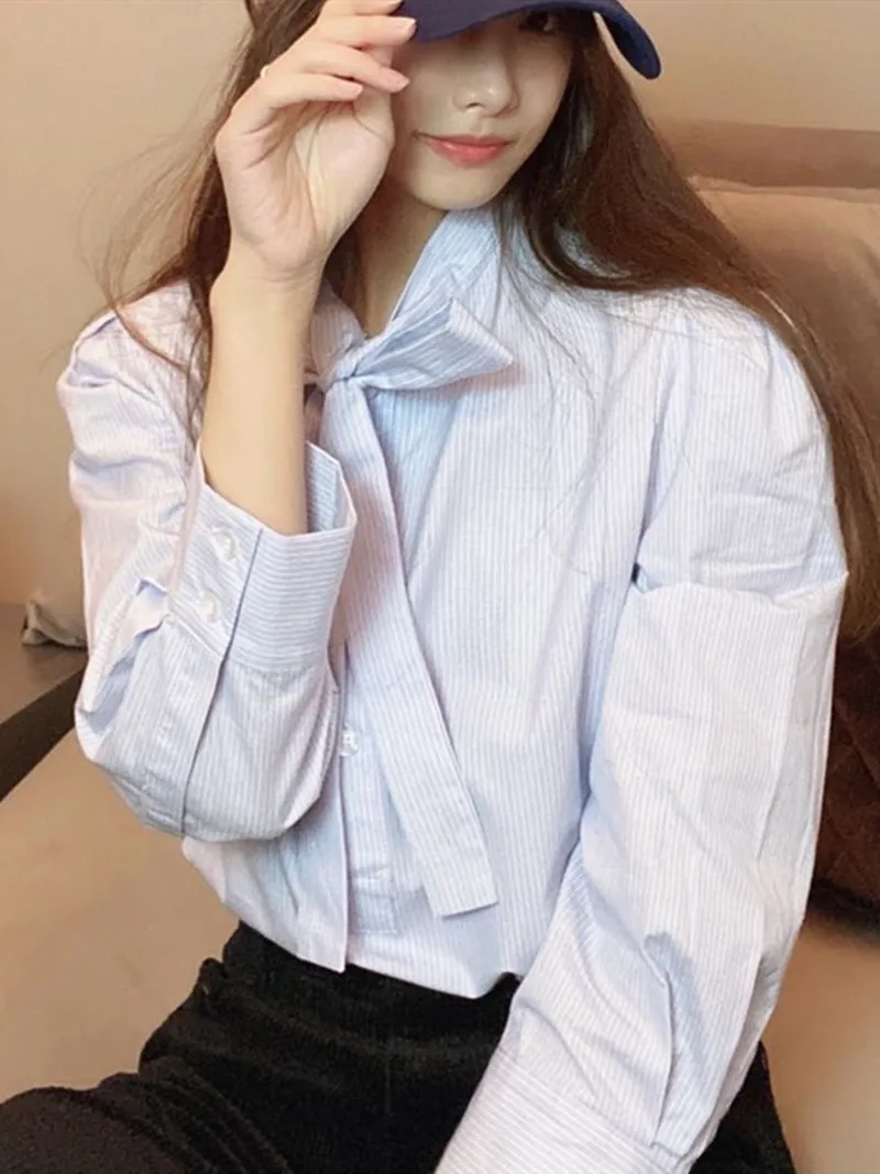 

Women's Hem Slit Shirts Stripes Bow Lace-up Chemise 2022 Autumn Long Sleeve Buttons Office Lady Blouses