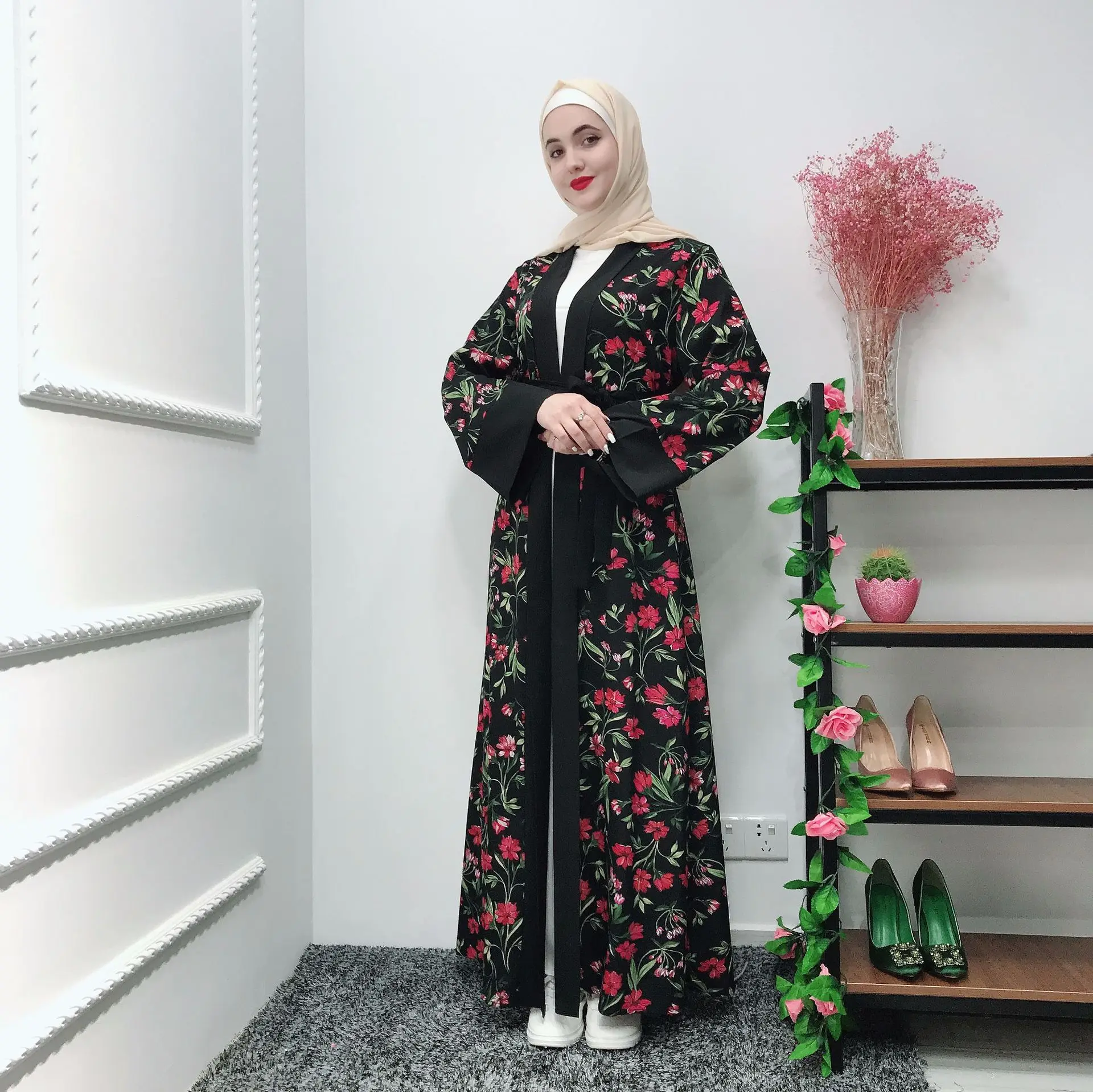 

Muslim Open Abaya Printed Flower Long Cardigan Muslim Kaftan Abaya with Sashes Caftan Ramadan Dubai Adult Outwear Abaya Kimono