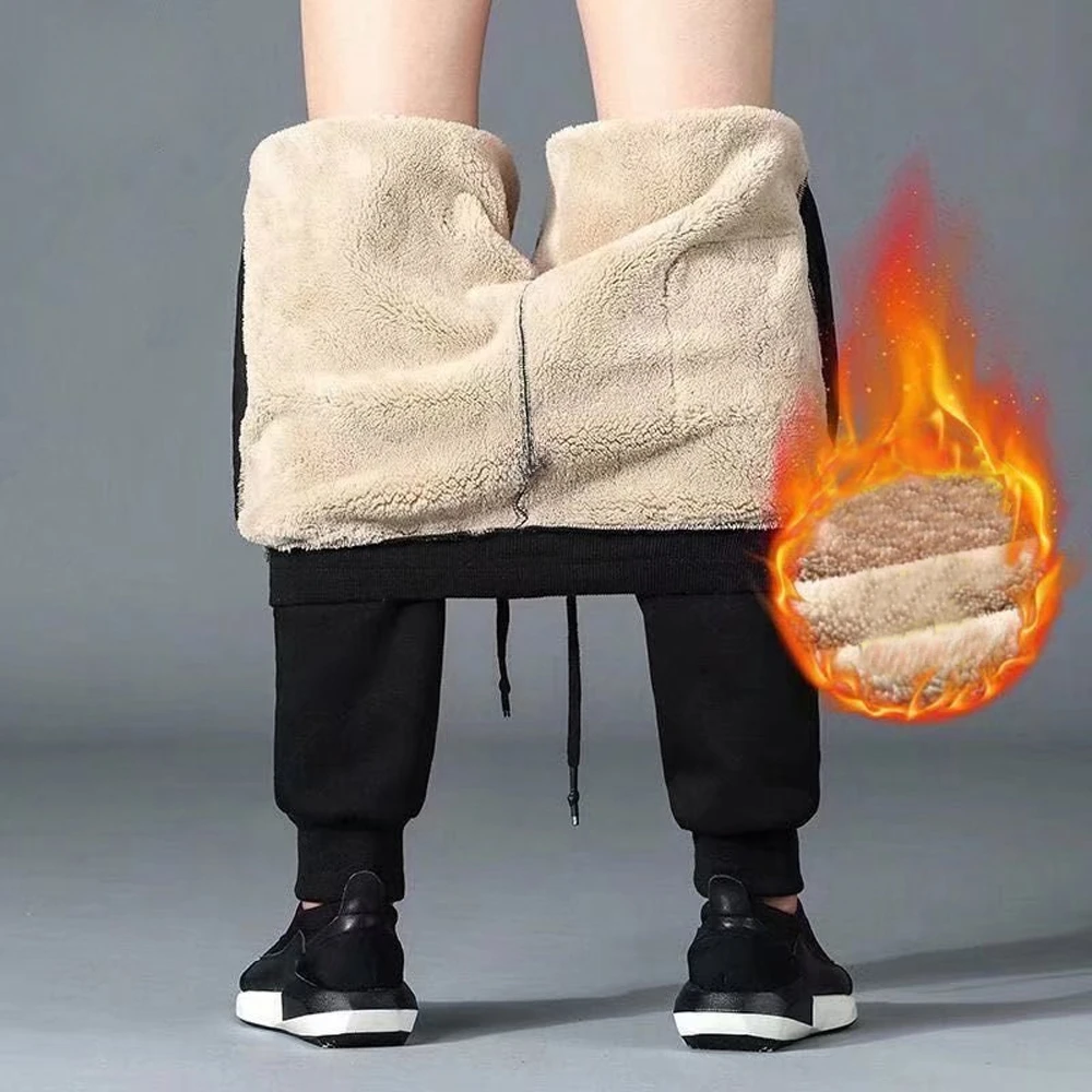 

Зимние теплые мужские спортивные брюки из овечьей шерсти, флисовые утепленные повседневные брюки, уличная одежда, однотонные брюки на шнуровке, свободные спортивные брюки