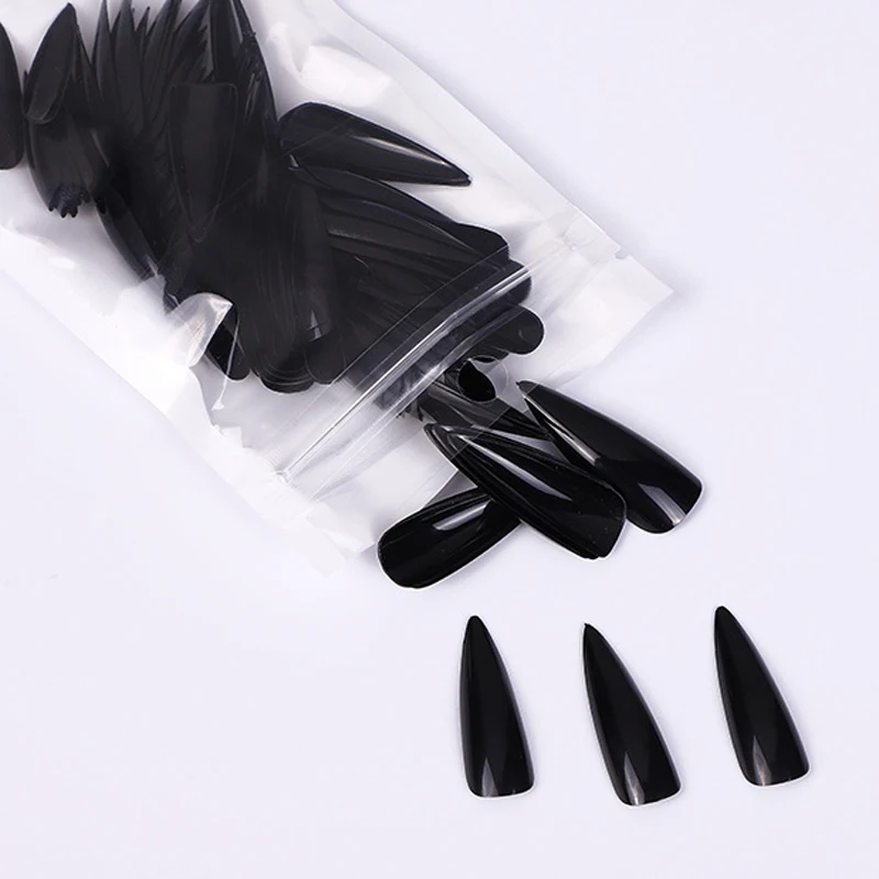 100PC Full Cover Fake Nails Mixed Color Black Red Pink Long Stiletto Press on Nail Art Tips 10 Size Acrylic False Nail Manicure 3