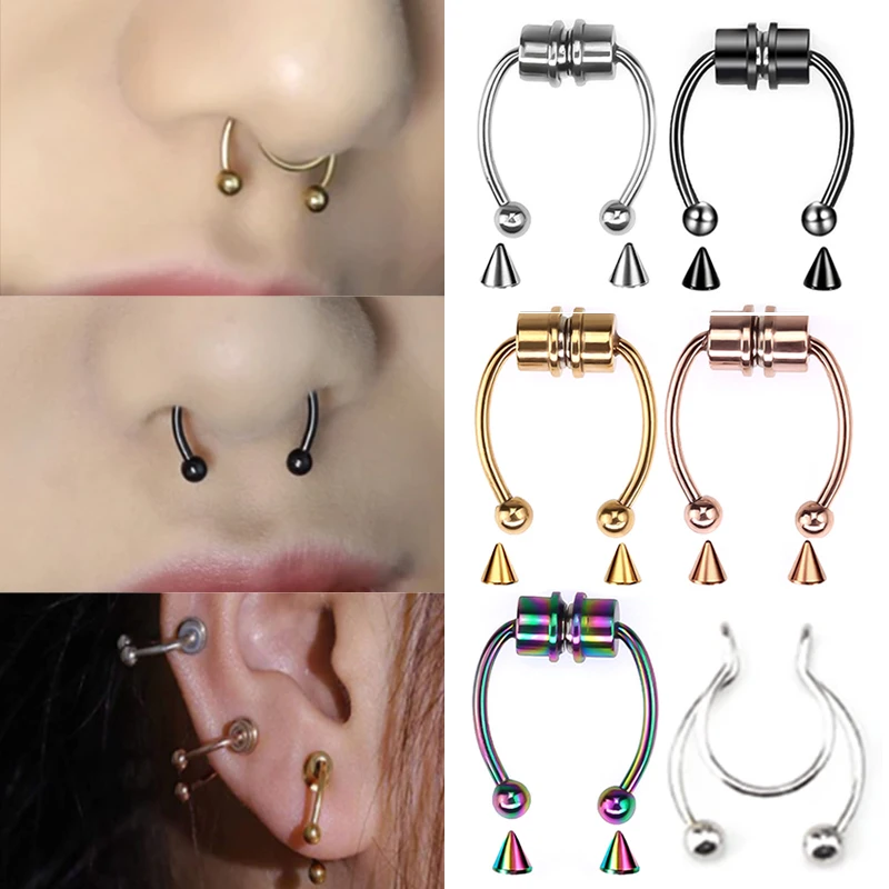 Fake Pierced Nose Ring Titanium Steel Nose Ring Spacer Ladies Fashion Ha Rock Ear Clip Jewelry Gift Magnetic Fake Piercing Hoop