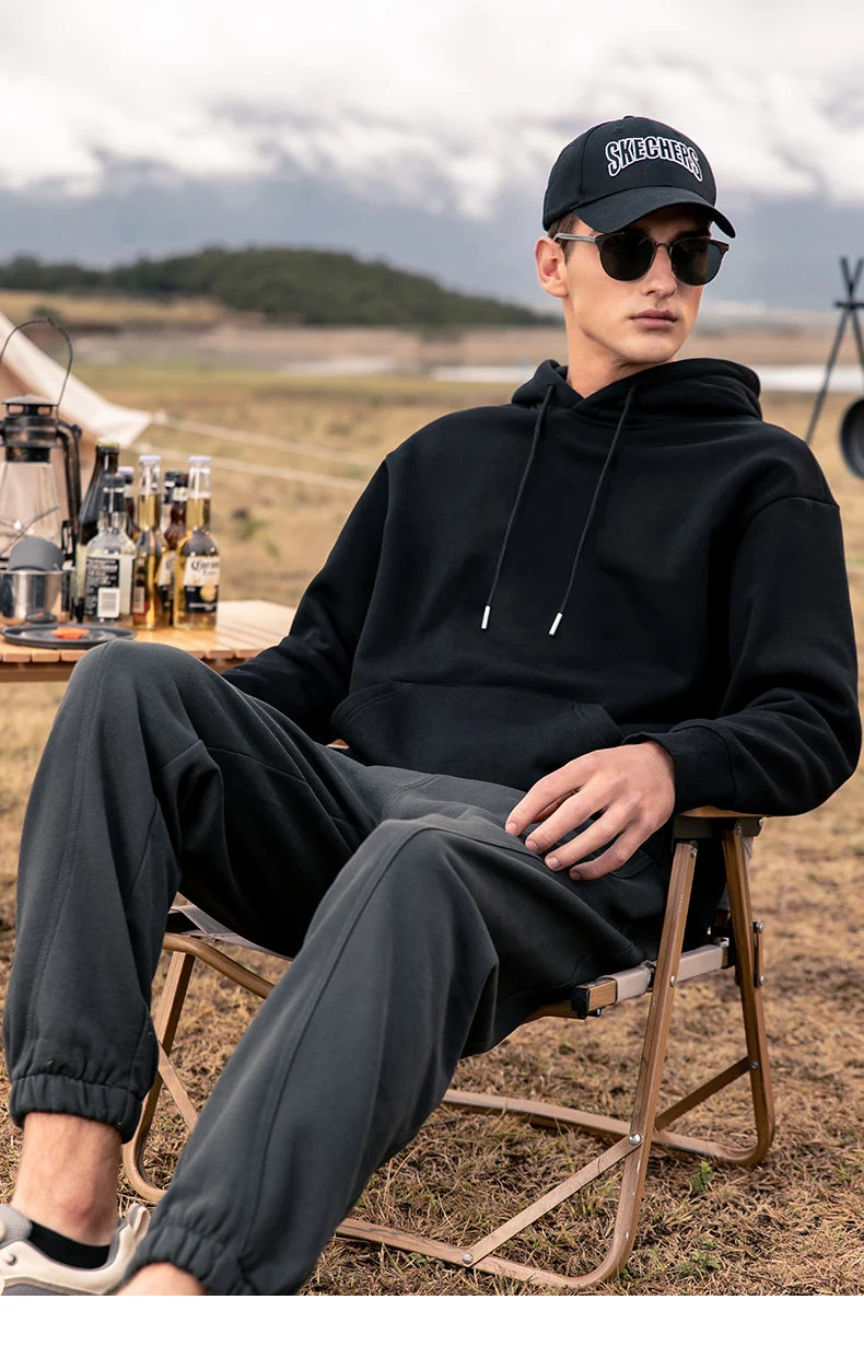 

0584 Men's 2023 autumn and winter trend solid color loose plus velvet thick hooded Sweatshirts