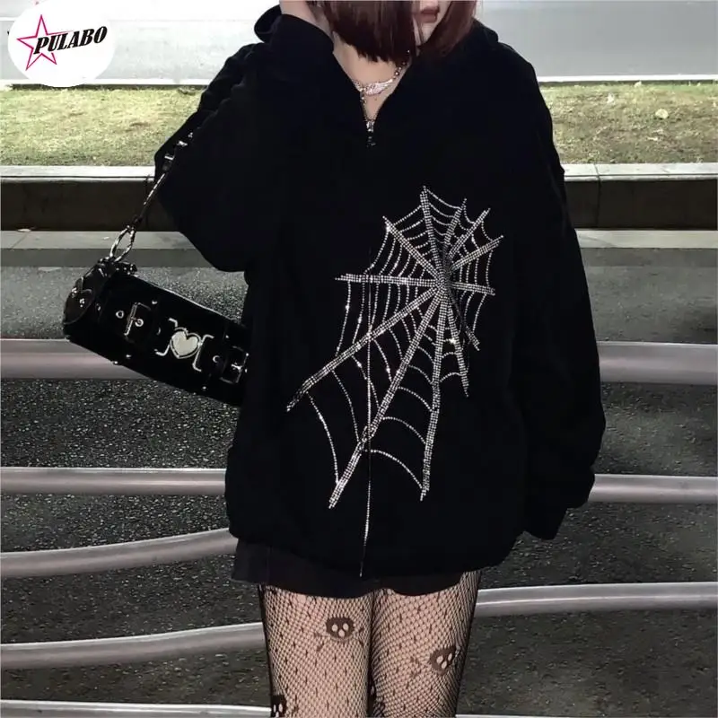 

Harajuku Outwear Zipper Sweatshirts Emo Alt Clothing Gothic Punk Spider Web Hooded Women Fairy Grunge Dark Plus Size Hoodies