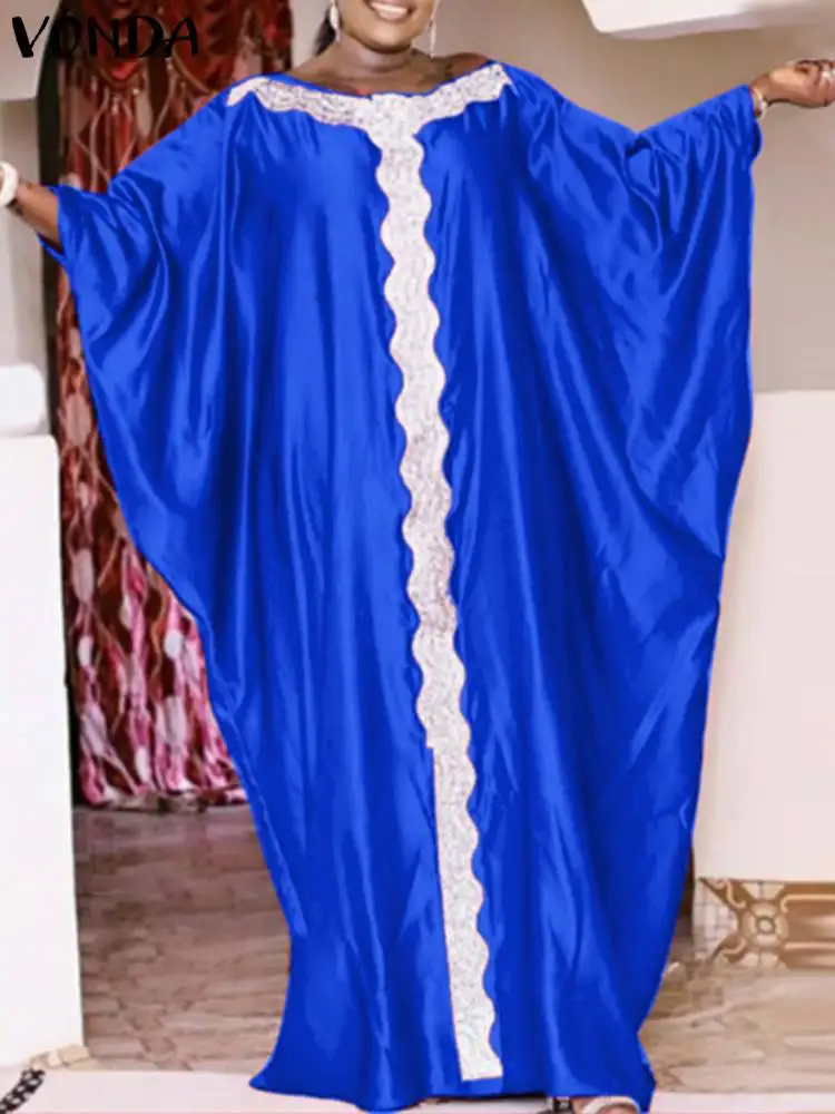 

Женское длинное платье VONDA в богемном стиле с рукавом летучая мышь, лоскутное платье с круглым вырезом для вечерние, летнее пляжное платье, к...