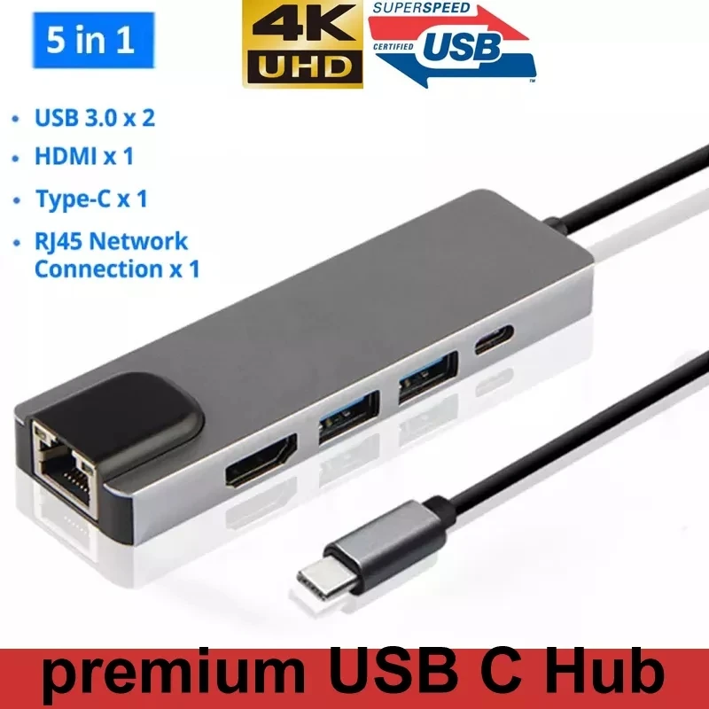 

USB 3.0 Hub Tipo C Para HDMI-compativel RJ45 PD USB 3.0 Multi Adaptador Doca Acessorios Tipo C Divisor 5 Hub Porto Para MacBook