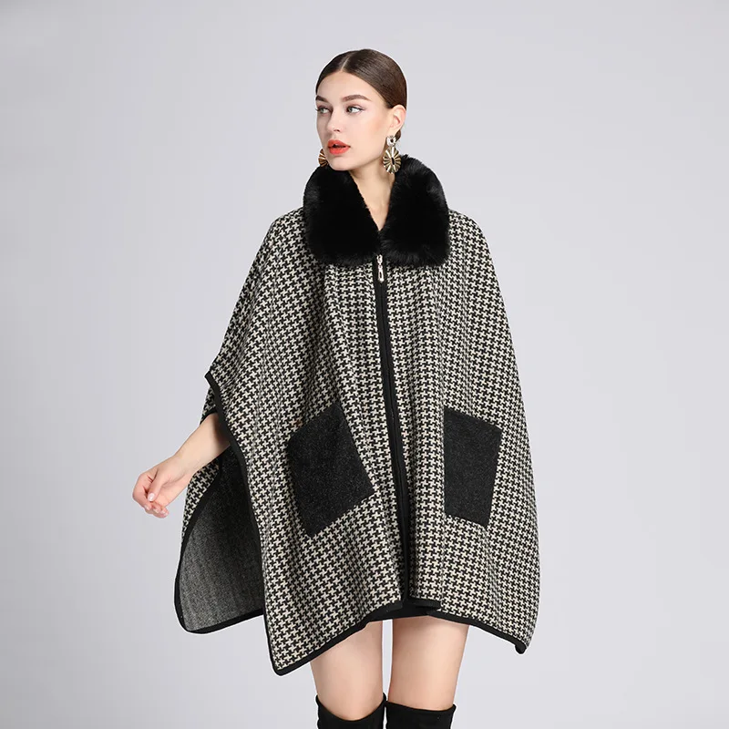 

M GIRLS Fashion Classic Houndstooth Wool Blends Faux Fur Cape Overcoat Lapel Long Coat Cloak Zipper Women Winter Wraps Poncho