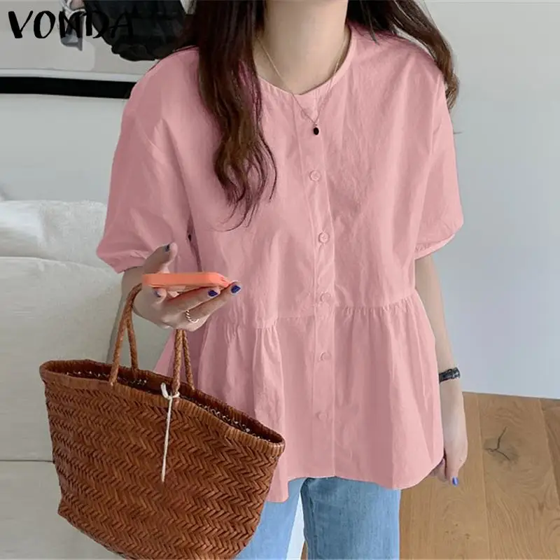 

Summer Shirts VONDA Women Solid Color Pleated Blouses Ladies Casual Short Sleeve Button Up Blusas Femininas Retro Holiday Tops
