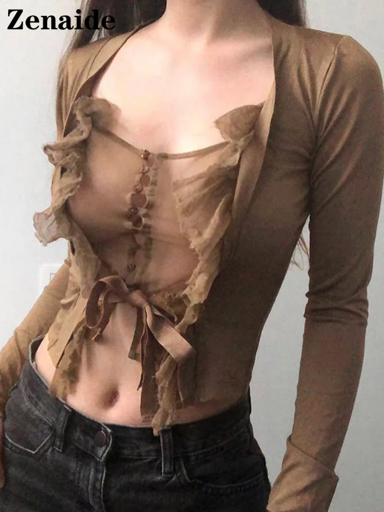 

Zenaide 2022 Spring Summer Long Sleeve T Shirt Ruffles Aesthetic Patchwork Women Grunge See Through Sexy Mesh Crop Tops Vintage